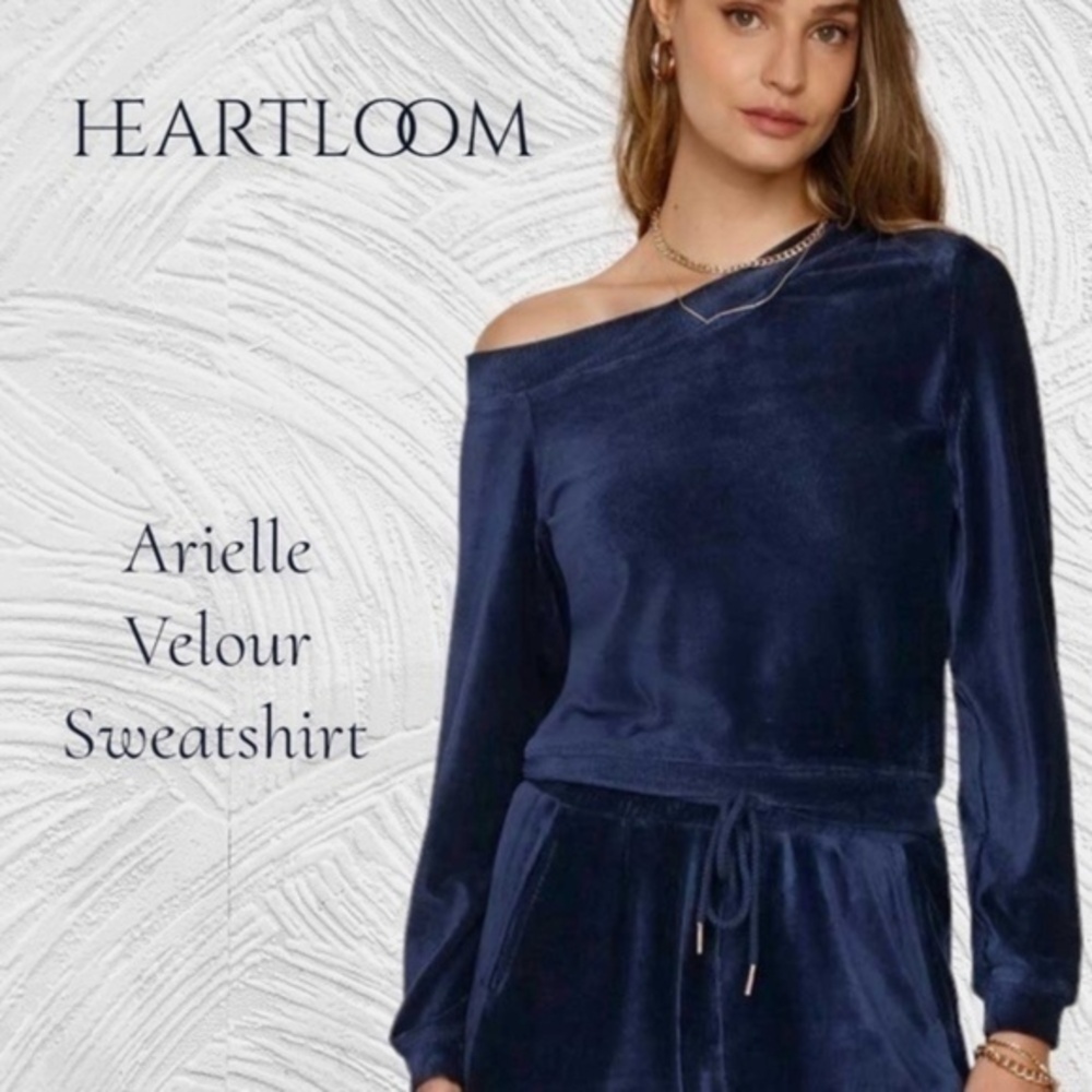 HEARTLOOM Arielle Asymmetrical Neckline Velour Sweatshirt in Navy